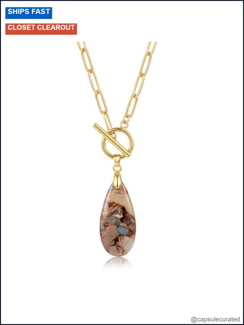 Gold Plated Teardrop Natural Stone Pendant Necklace 18" Chain